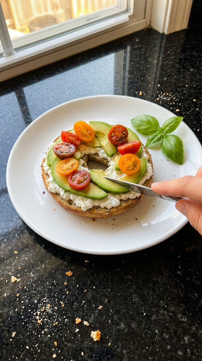 Avocado and Tomato Cottage Cheese Bagel
