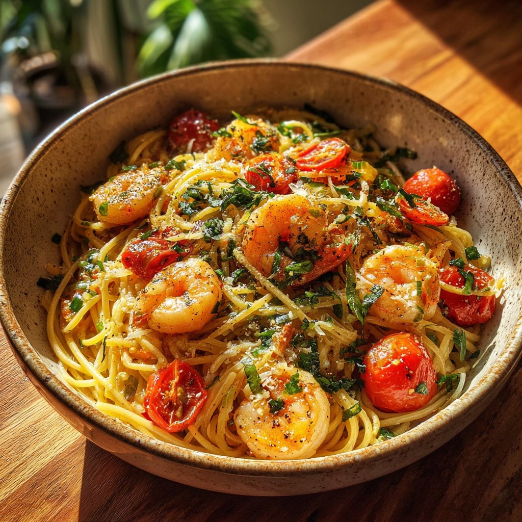 Shrimp Tomato Basil Spaghetti
